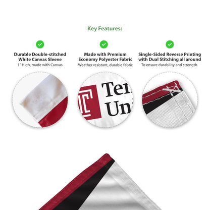 AGAS Temple University Wordmark Premium Car Flag 10.5 x 15 inch – Single Sided Printed Wrap Knitted Polyester with Bleed Through – Officially Licensed NCAA Product – Temple Owls Vehicle Flag with 19 inch Stiff Pole and 1 inch Sleeve