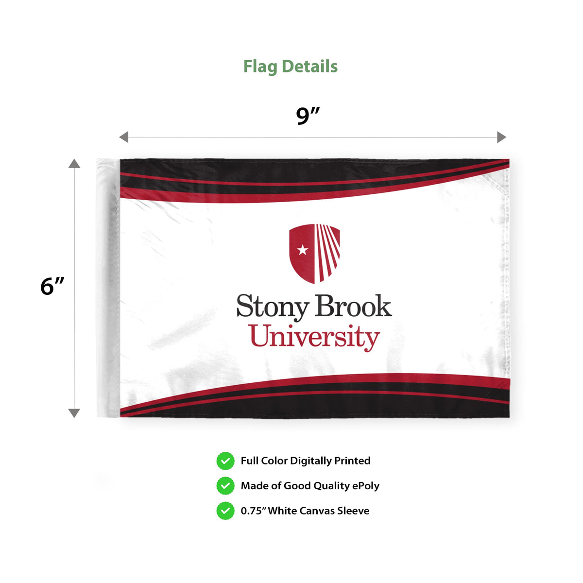 AGAS Stony Brook University Motorcycle Flag 6 x 9 inch – Single Sided Printed Polyester Stony Brook Seawolves Flag – Official NCAA SBU Product – Bike Mount with 0.75 inch Canvas Sleeve and Reinforced Stitching - Without Pole