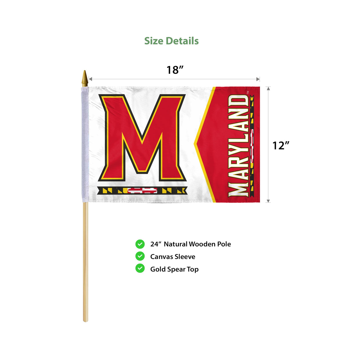 AGAS Maryland UMD Terrapins flags on sticks 12" x 18" - Single-Reverse Printed Polyester - 24" Wooden Dowel