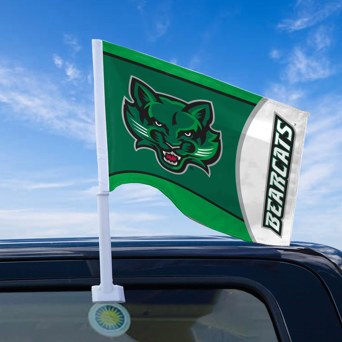 AGAS Binghamton University Economy Car Flag 12 x 16 inch – Single Sided Printed Polyester BU Bearcats Design – Official NCAA Binghamton Bearcats Car Flag – Vehicle Mount with 17 inch Flex Pole and Closed Top Sleeve