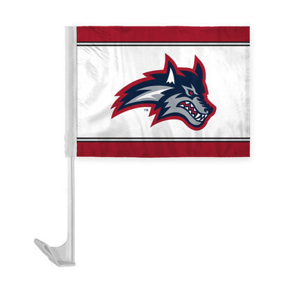 AGAS Stony Brook University Economy Car Flag 12 x 16 inch – Single Sided Printed Polyester Stony Brook Seawolves Wolf Head Design – Official NCAA SBU Product – Vehicle Mount with 17 inch Flex Pole and Closed Top Sleeve
