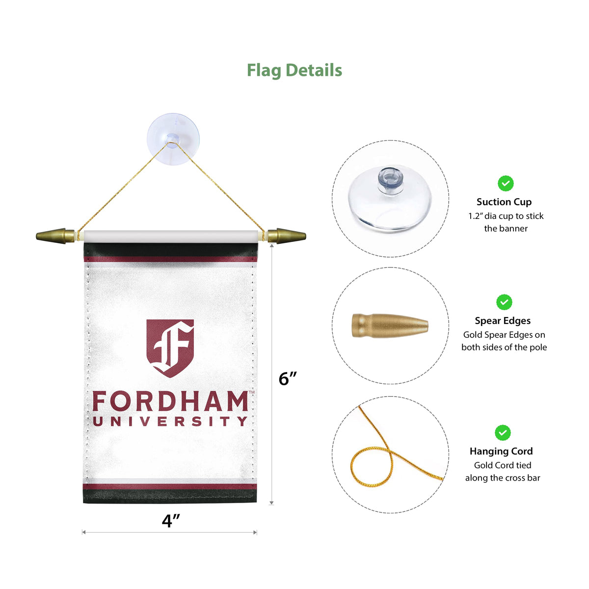 AGAS Fordham University Mini Banner 4 x 6 inch – Single Sided Printed Satin Fordham Rams Banner with F Logo – Official NCAA Product – Fordham University Hanging Banner with Cross Bar, Hanging Cord and Suction Cup