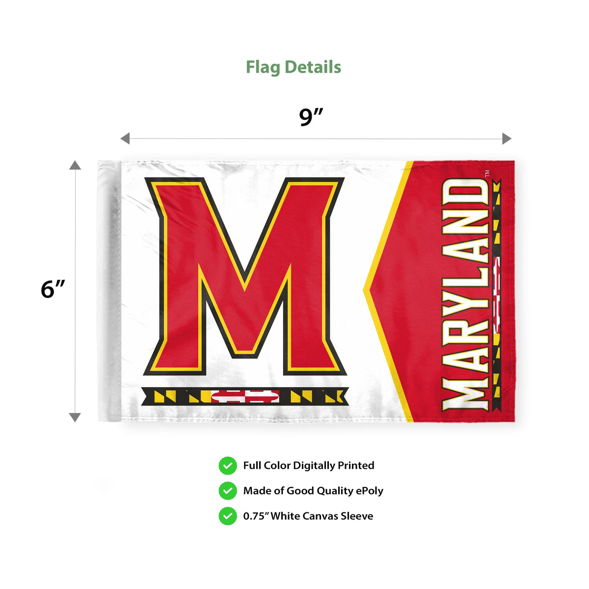 AGAS Maryland UMD Terrapins Motorcycle Flag 6 x 9 Polyester – 3/8" Pole Sleeve – Flag Only - Terrapins Bike Flags
