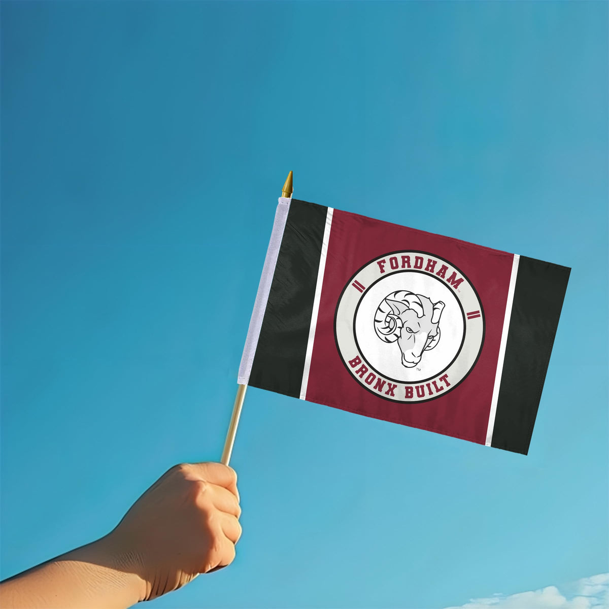 AGAS Fordham University Stick Flag 12 x 18 inch – Single Sided Printed Polyester Fordham Rams Flag Bronx Built Design – Official NCAA Product – Fordham University Hand Flag with 24 inch Wood Pole and Gold Spear Top