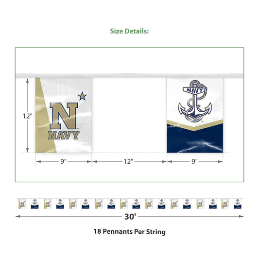 AGAS 30' US Naval Academy USNA Pennant Banner, Golden Navy Bunting Flag for Tailgate, Game Day, Dorms, College Party Decoration Rectangle, N-Star & Anchor Design
