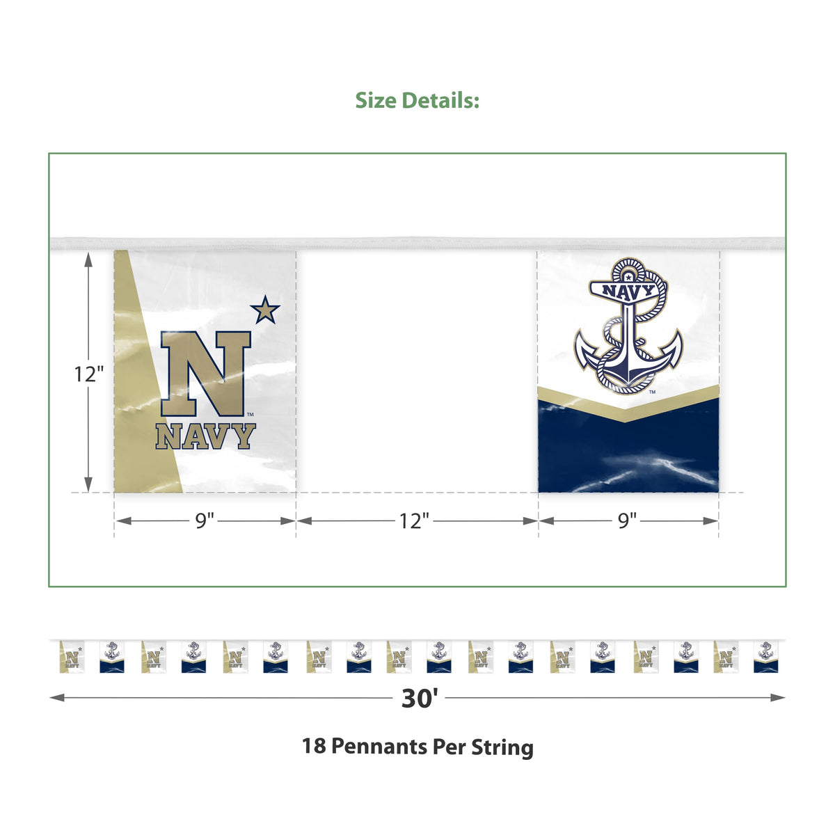 AGAS 30' US Naval Academy USNA Pennant Banner, Golden Navy Bunting Flag for Tailgate, Game Day, Dorms, College Party Decoration Rectangle, N-Star & Anchor Design