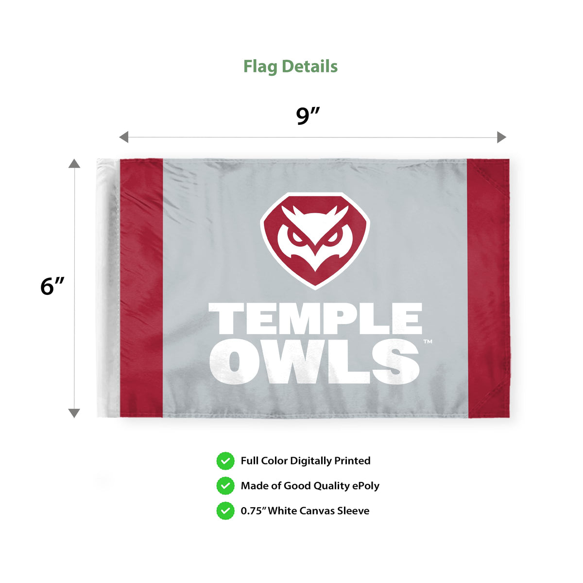 AGAS Temple Owls Text and Owl Logo Motorcycle Flag 6 x 9 inch – Single Sided Printed Polyester with Bleed Through – Officially Licensed NCAA Product – Temple University Bike Flag with 0.75 inch Canvas Sleeve and Reinforced Stitching - No Pole Included