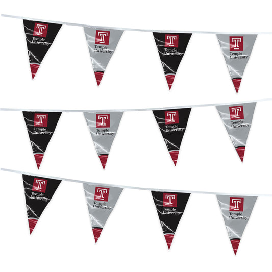 AGAS Temple University Text and T Logo Pennant Banner String 4 x 6 inch – 15 ft Triangle Flags – Single Sided Printed 9 Mil Poly – Officially Licensed NCAA Product – Temple Owls Party Banner with 24 Pennants Individually Bagged