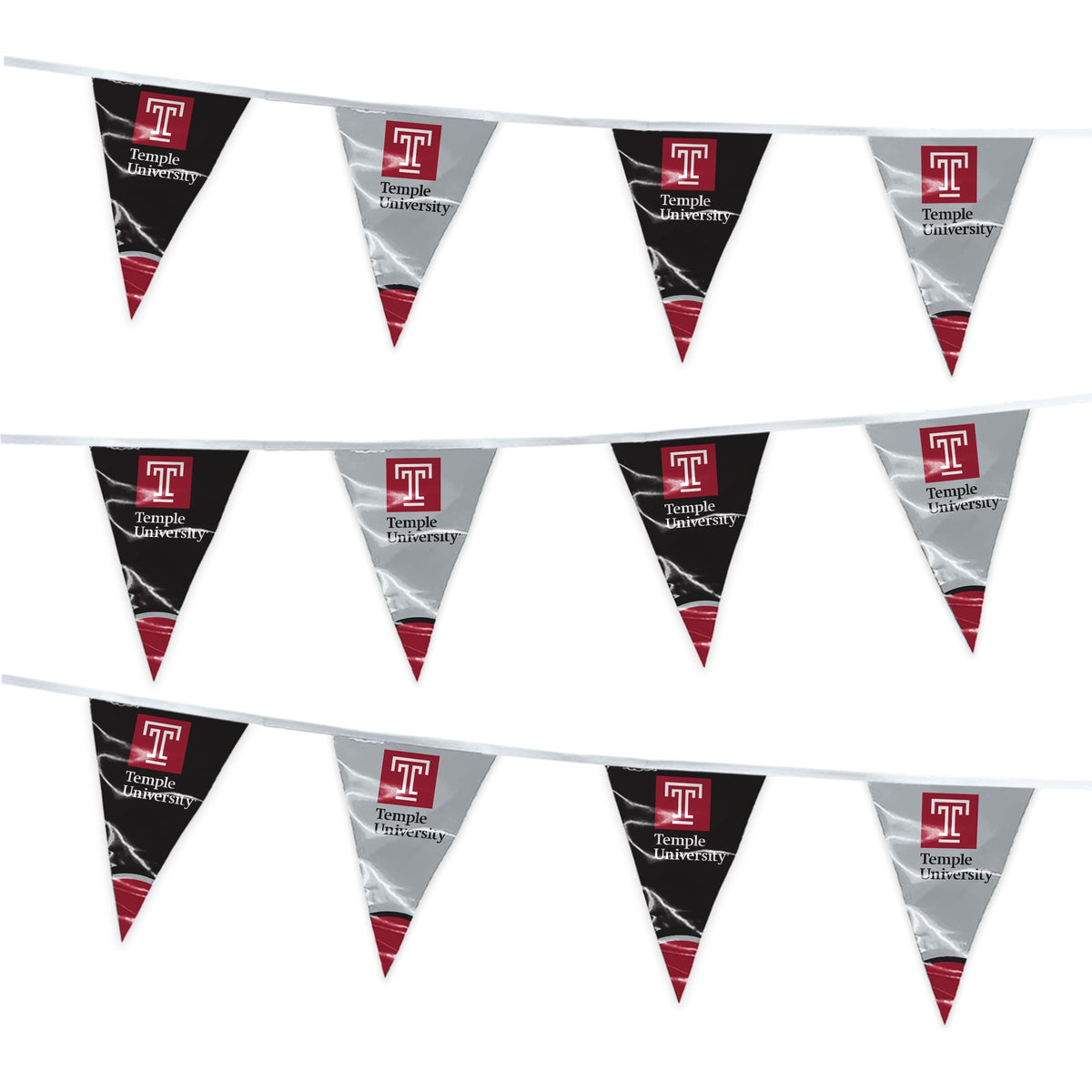 AGAS Temple University Text and T Logo Pennant Banner String 4 x 6 inch – 15 ft Triangle Flags – Single Sided Printed 9 Mil Poly – Officially Licensed NCAA Product – Temple Owls Party Banner with 24 Pennants Individually Bagged