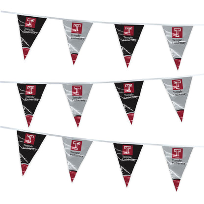 AGAS Temple University Text and T Logo Pennant Banner String 4 x 6 inch – 15 ft Triangle Flags – Single Sided Printed 9 Mil Poly – Officially Licensed NCAA Product – Temple Owls Party Banner with 24 Pennants Individually Bagged