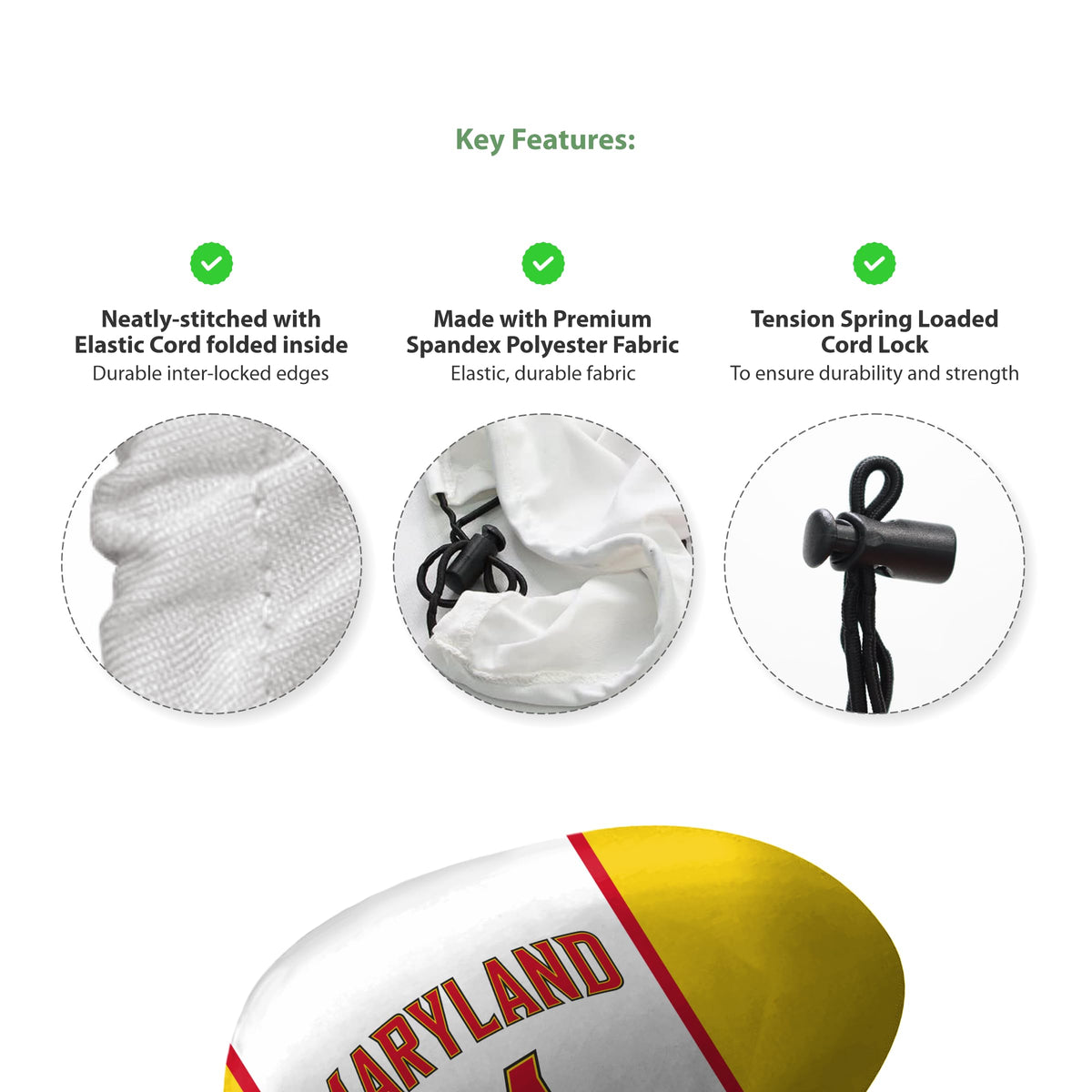 Maryland UMD Terps Car Mirror Covers with College Logo, Large- 4-Way Stretchy Material Spandex Poly, Weather Resistant