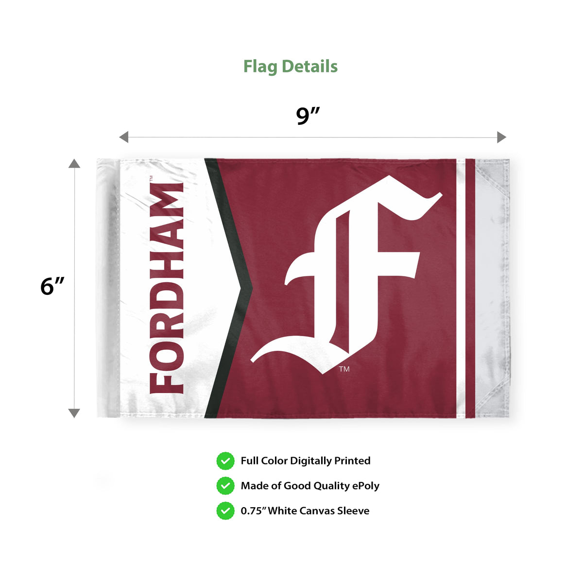 AGAS Fordham University Motorcycle Flag 6 x 9 inch – Single Sided Printed Polyester Fordham Rams Flag with F Logo – Official NCAA Product – Fordham University Bike Flag with 0.75 inch Canvas Sleeve and Reinforced Stitching No Pole Included