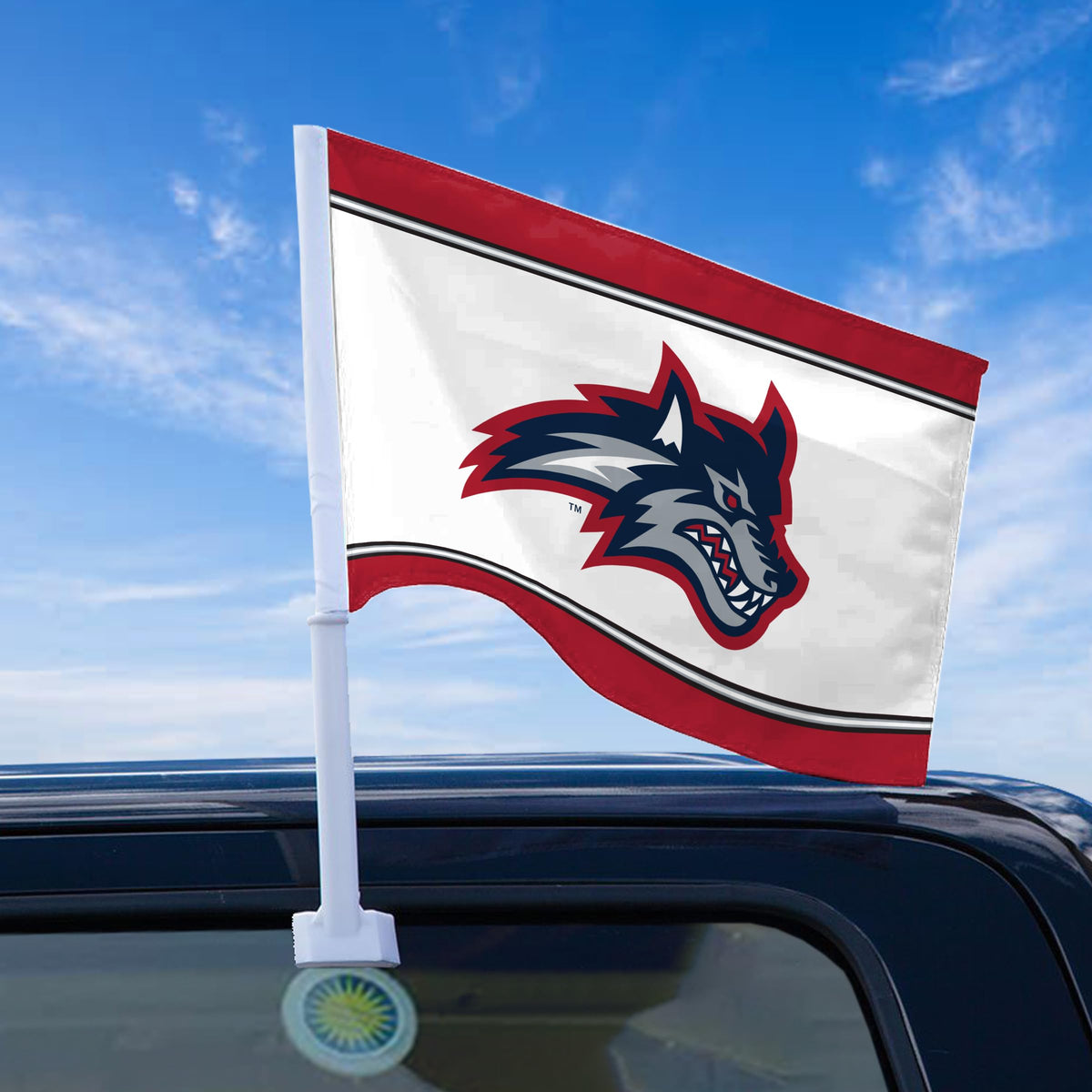 AGAS Stony Brook University Economy Car Flag 12 x 16 inch – Single Sided Printed Polyester Stony Brook Seawolves Wolf Head Design – Official NCAA SBU Product – Vehicle Mount with 17 inch Flex Pole and Closed Top Sleeve