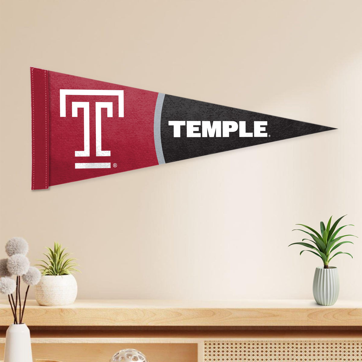 AGAS Temple University T Logo and Text Felt Pennant 12 x 30 inch – Single Sided Printed Acrylic Stiff Felt – Officially Licensed NCAA Product – Temple Owls Wall Pennant with 1 inch Header and Heat Cut Edges Individually Bagged