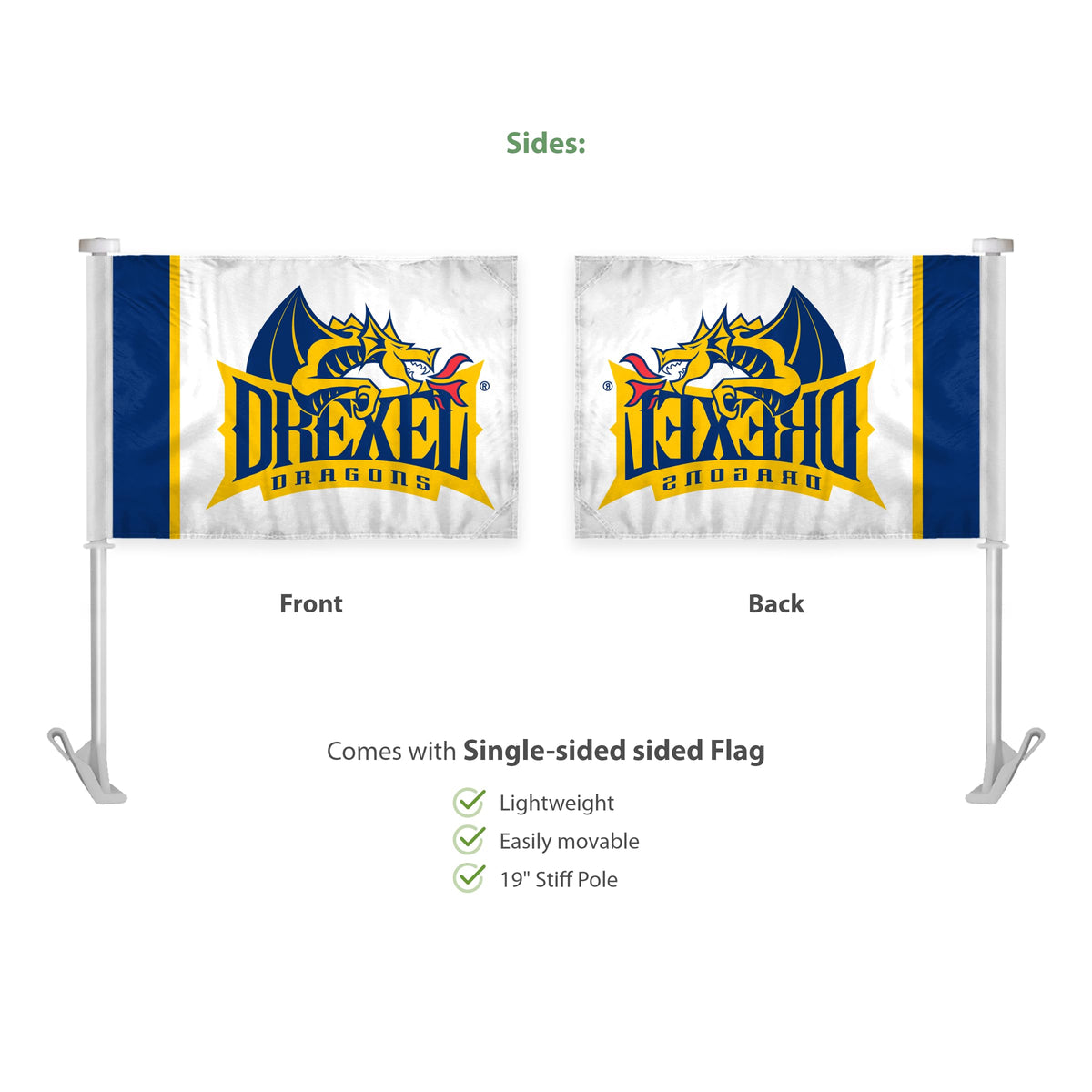 AGAS Drexel DU Dragons Car Flag - 10.5x15 inch Wrap Knitted Polyester - 19" Unbreakable Plastic Pole - Auto Flags