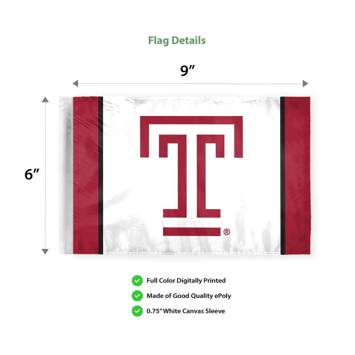 AGAS Temple University T Logo Motorcycle Flag 6 x 9 inch – Single Sided Printed Polyester with Bleed Through – Officially Licensed NCAA Product – Temple Owls Bike Flag with 0.75 inch Canvas Sleeve and Reinforced Stitching - No Pole Included