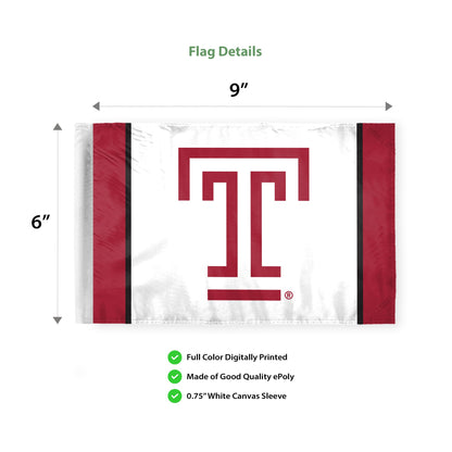 AGAS Temple University T Logo Motorcycle Flag 6 x 9 inch – Single Sided Printed Polyester with Bleed Through – Officially Licensed NCAA Product – Temple Owls Bike Flag with 0.75 inch Canvas Sleeve and Reinforced Stitching - No Pole Included