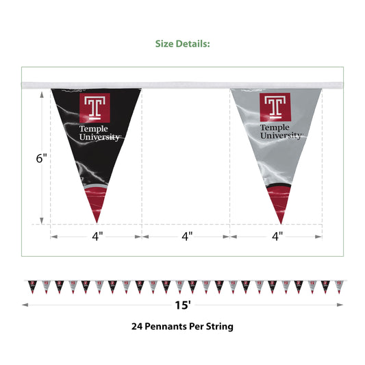 AGAS Temple University Text and T Logo Pennant Banner String 4 x 6 inch – 15 ft Triangle Flags – Single Sided Printed 9 Mil Poly – Officially Licensed NCAA Product – Temple Owls Party Banner with 24 Pennants Individually Bagged