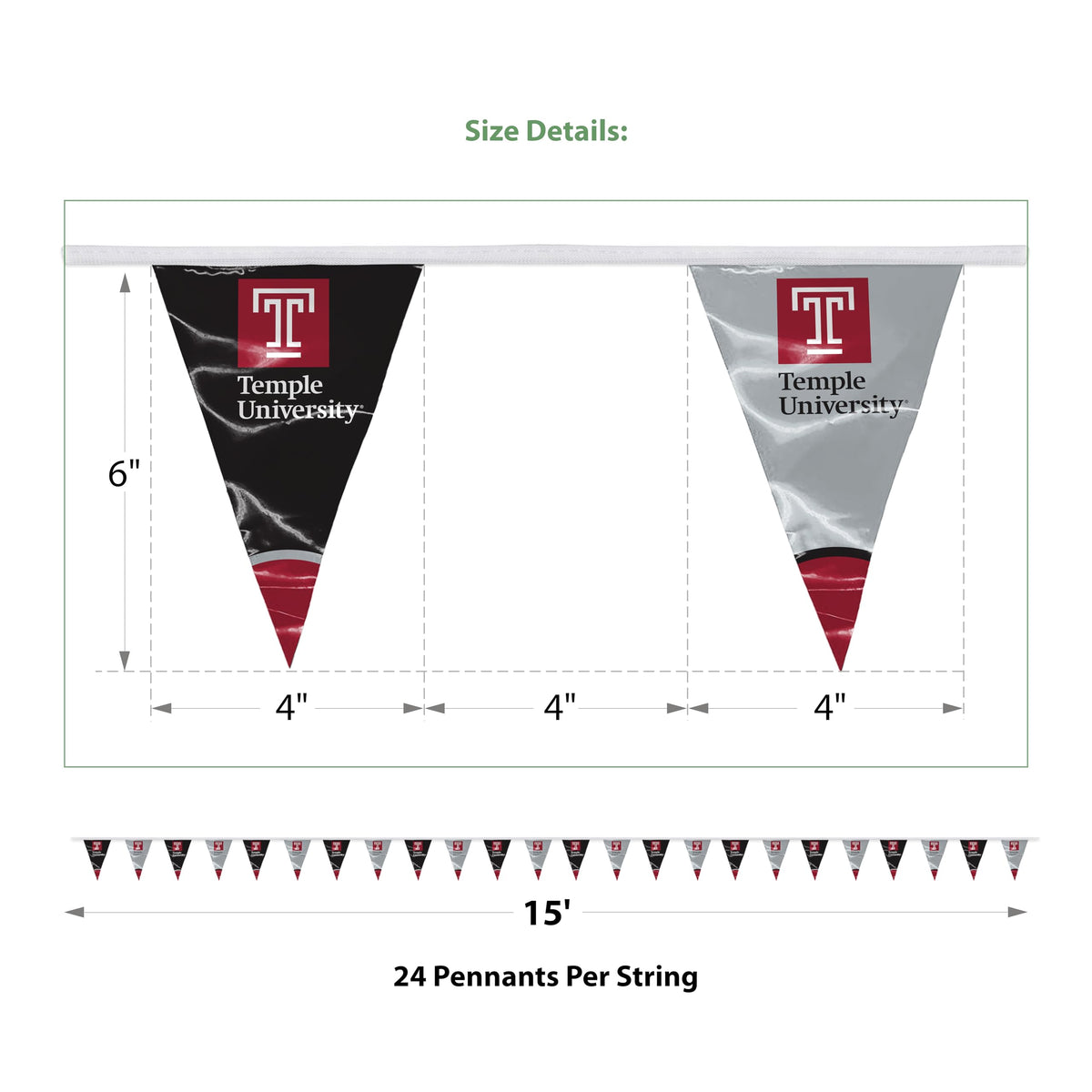 AGAS Temple University Text and T Logo Pennant Banner String 4 x 6 inch – 15 ft Triangle Flags – Single Sided Printed 9 Mil Poly – Officially Licensed NCAA Product – Temple Owls Party Banner with 24 Pennants Individually Bagged