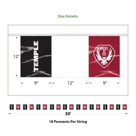 AGAS Temple Owls Text and Owl Logo Rectangle Pennant Banner String 9 x 12 inch – 30 ft Flags – Single Sided Printed 9 Mil Poly – Officially Licensed NCAA Product – Temple University Party Banner with 18 Pennants