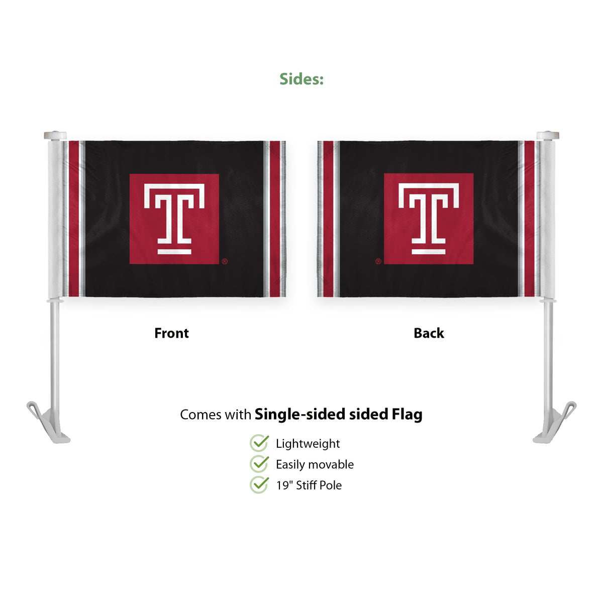 AGAS Temple University T Logo Premium Car Flag 10.5 x 15 inch – Single Sided Printed Wrap Knitted Polyester with Bleed Through – Officially Licensed NCAA Product – Temple Owls Vehicle Flag with 19 inch Stiff Pole and 1 inch Sleeve