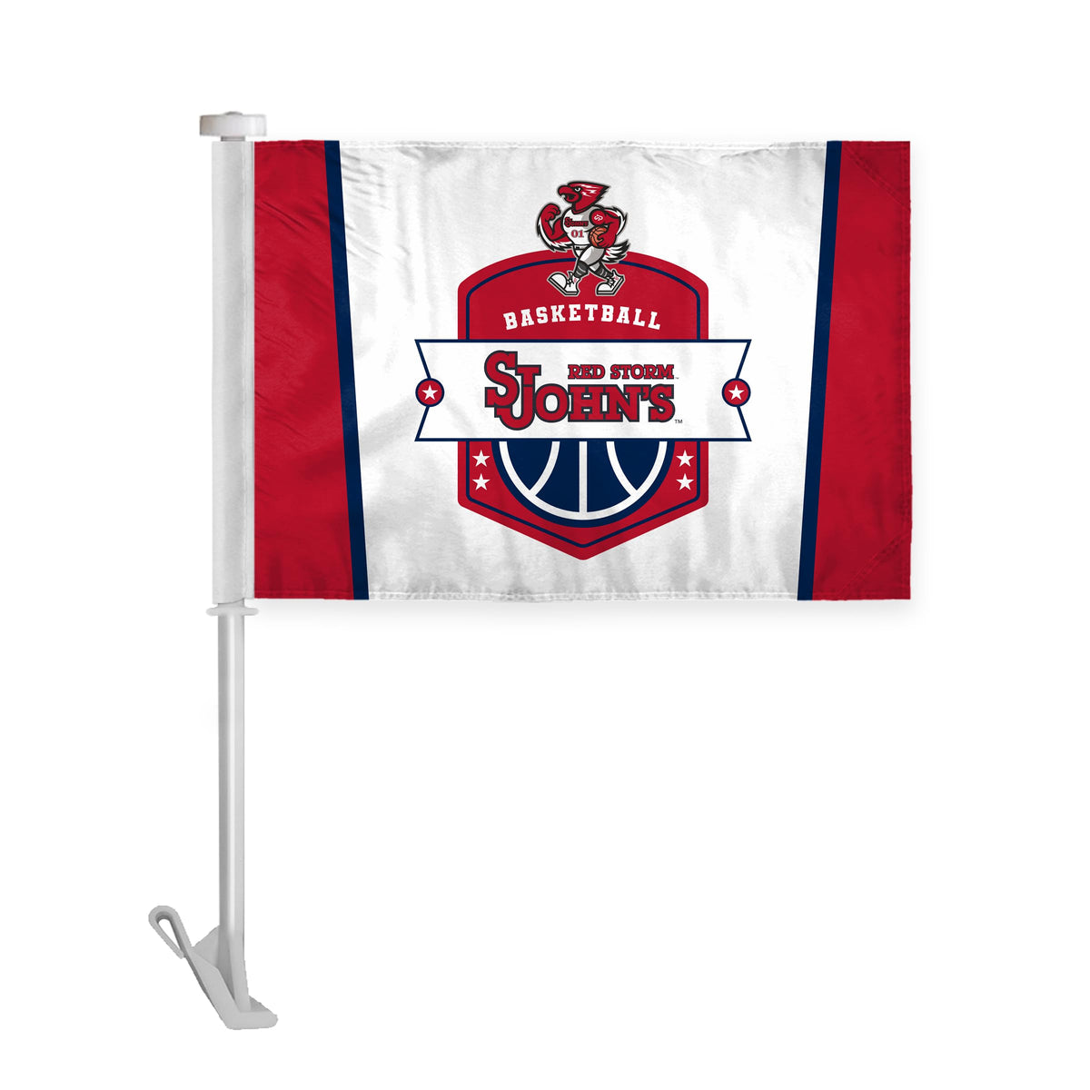 AGAS St. John's University Premium Car Flag 10.5 x 15 inch – Single Sided Printed Wrap Knitted Polyester Basketball Shield Design – Official NCAA Red Storm Flag – Vehicle Mount with 19 inch Stiff Pole and 1 inch Sleeve