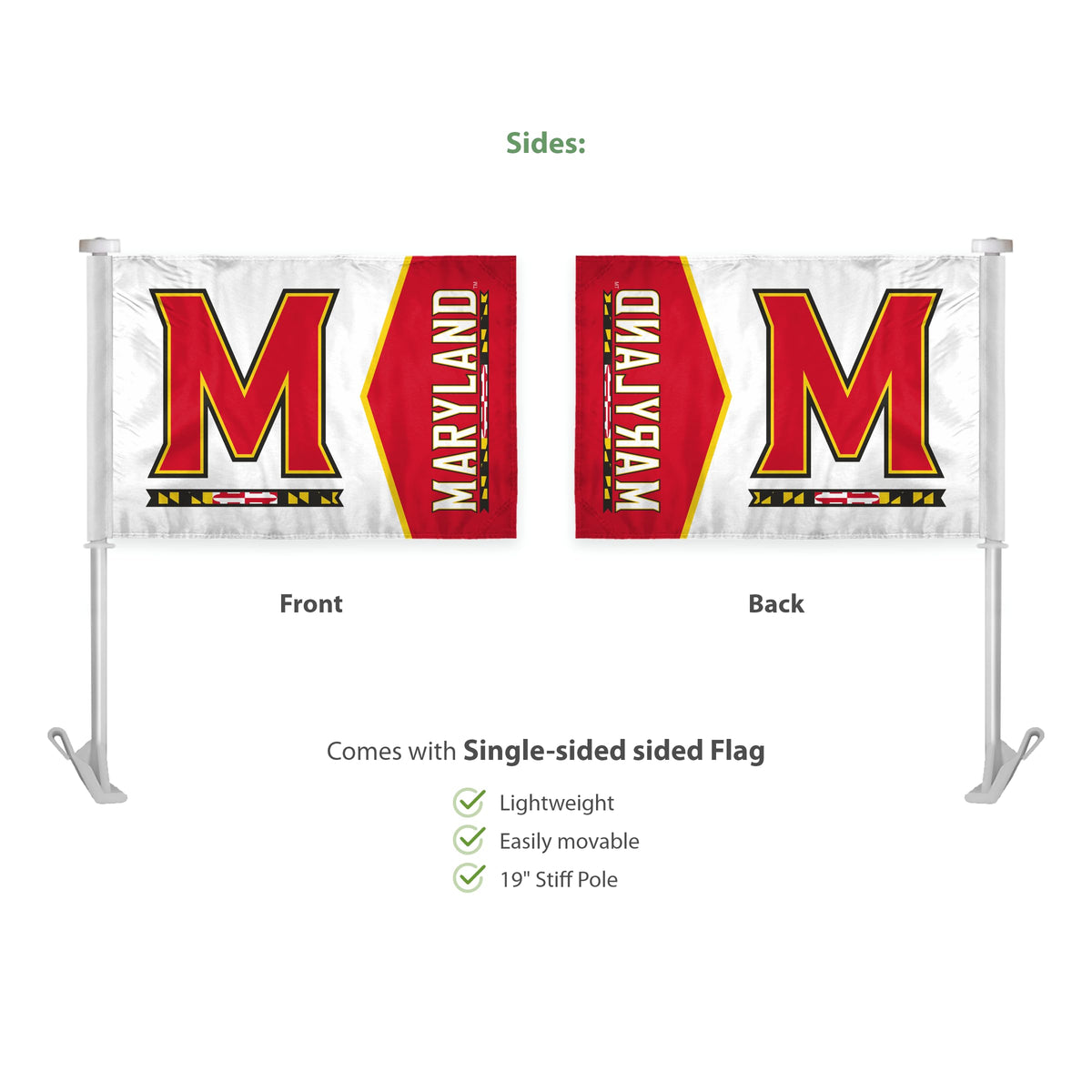 AGAS Double-Sided Maryland UMD Terrapins Car Flag - 10.5x15 inch Double-Sided Printed Wrap Knitted Polyester - 19" Unbreakable Plastic Pole - Auto Flags