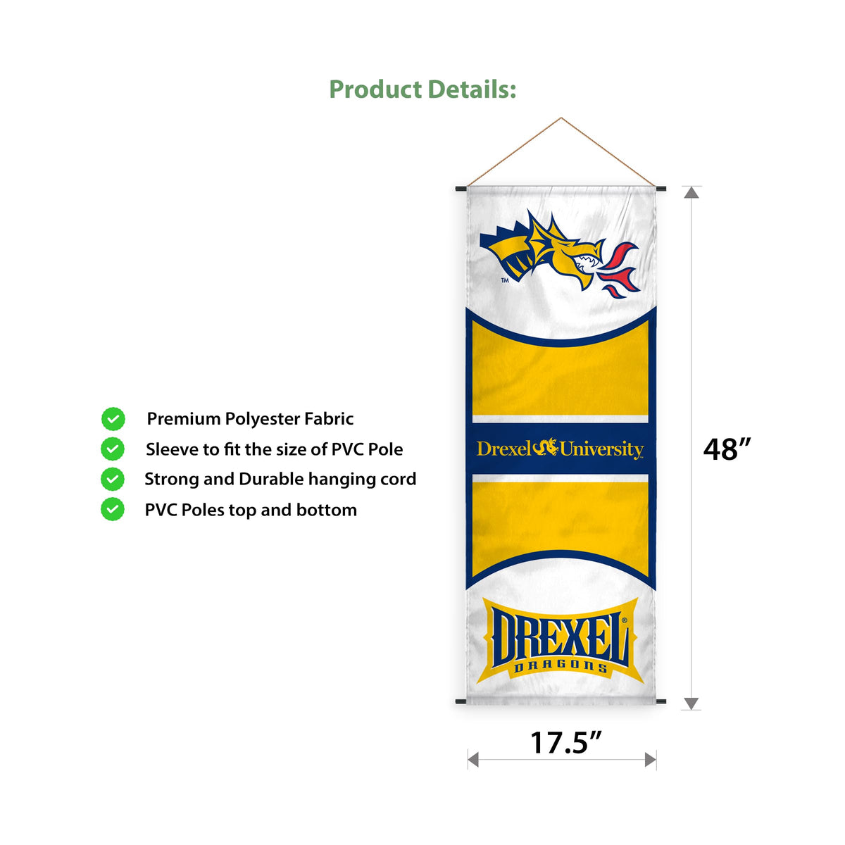 AGAS Drexel DU University Banner Scroll Sign 17.5" × 48" with Hanging Cord – Polyester Dragons Wall Banner