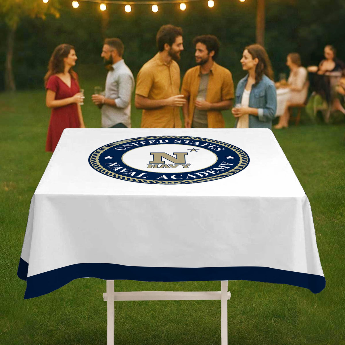 USNA Naval Academy Tablecover, 48in. Wide x 48in. Long, Gold-Blue Polyester, Party supplies, Navy Shipmen tablecloth for graduation, football tailgating, and birthday party decorations