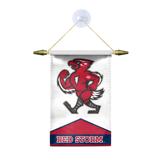 AGAS St. John's University Mini Banner 4 x 6 inch – Single Sided Printed Satin Red Storm Mascot Design – Official NCAA Red Storm Decor – Hanging Banner with Cross Bar, Cord and Suction Cup