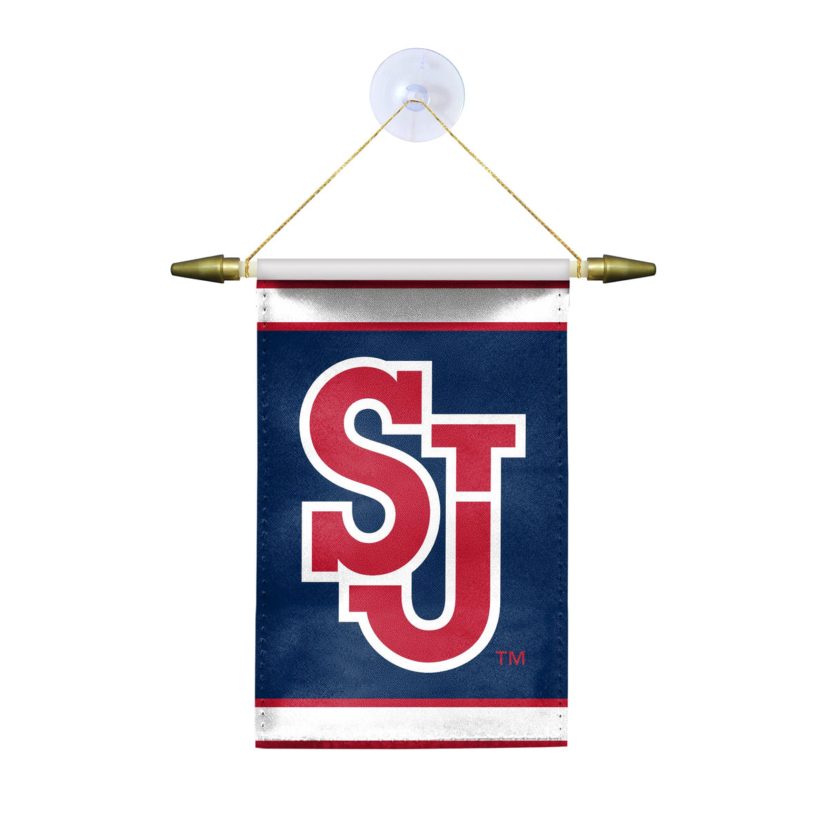 AGAS St. John’s University Mini Banner 4 x 6 inch – Single Sided Printed Satin SJ Logo Design – Official NCAA SJU Red Storm Decor – Hanging Banner with Cross Bar, Cord and Suction Cup