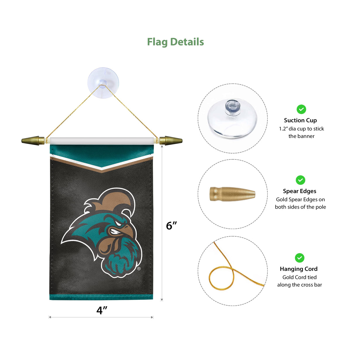 AGAS Small Coastal Carolina CCU University Mini Banner with Suction Cup 4x6 Inch - Chanticleers Mini Flags for Car Rearview Mirror and Window Décor