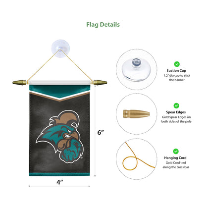 AGAS Small Coastal Carolina CCU University Mini Banner with Suction Cup 4x6 Inch - Chanticleers Mini Flags for Car Rearview Mirror and Window Décor