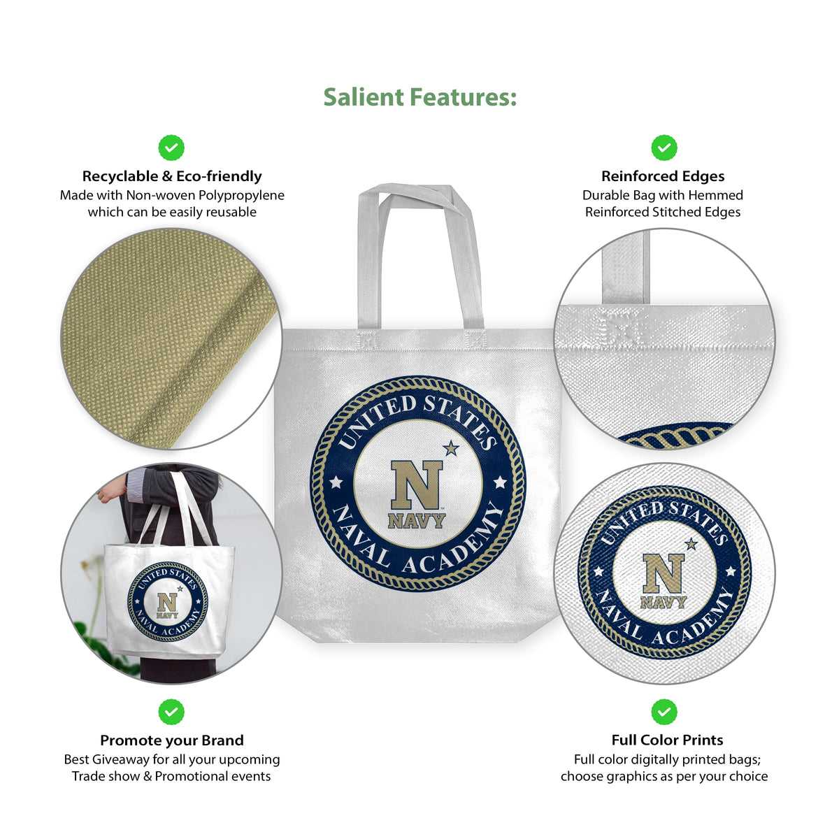 United States Naval Academy Midshipmen Logo Tote Bag, Non Woven Fabric, Shoulder Straps 14"x14"