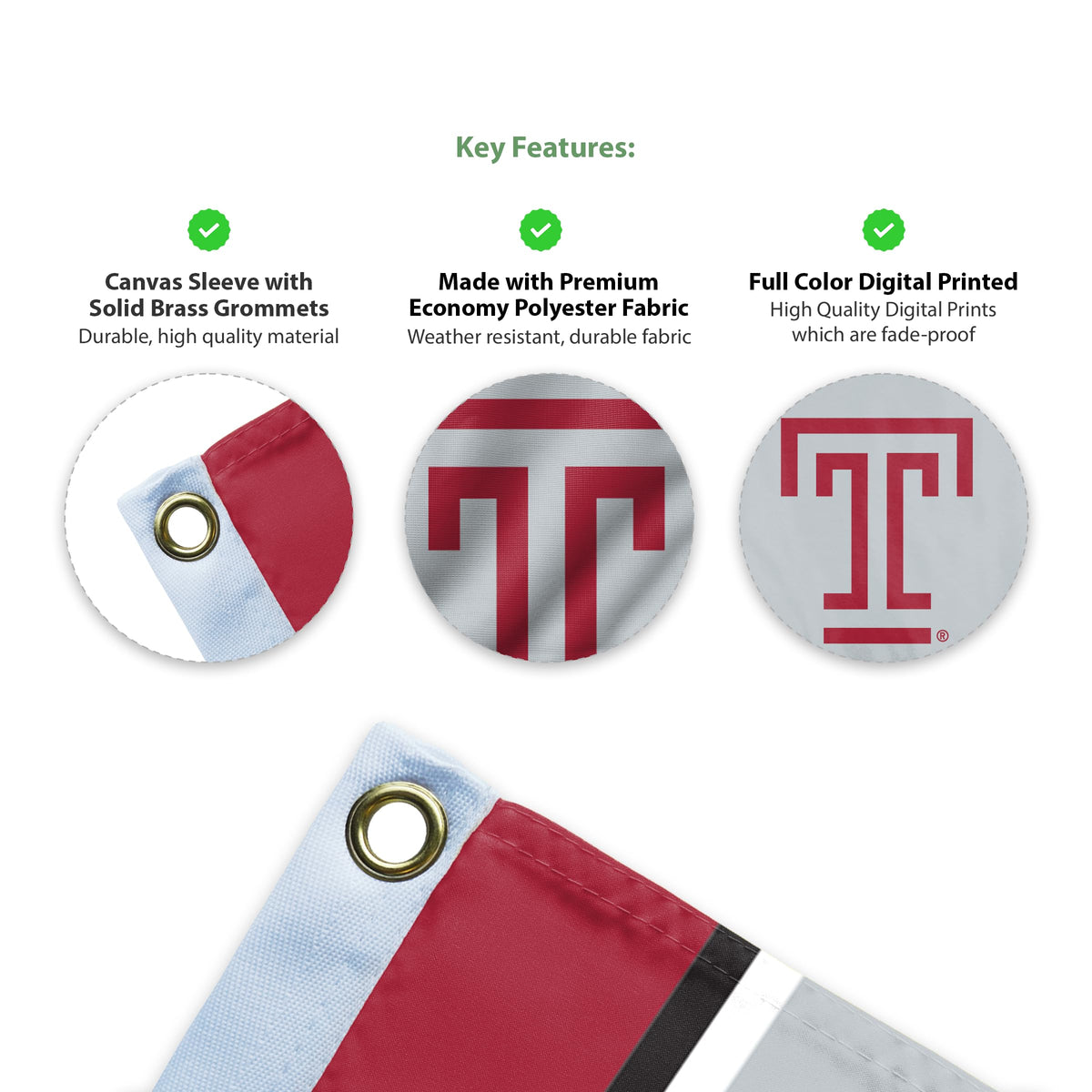 AGAS Temple University Flag 2 x 3 ft – Single Sided Printed Polyester – Officially Licensed NCAA Product – Temple Owls Logo Outdoor Flag with Brass Grommets, Canvas Header and Reinforced Stitched Edges for Indoor Outdoor Display