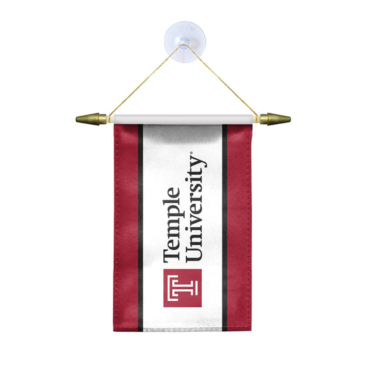 AGAS Temple University Text and T Logo Mini Banner 4 x 6 inch – Single Sided Printed Satin – Officially Licensed NCAA Product – Temple Owls Hanging Banner with Cross Bar, Hanging Cord and Suction Cup Individually Bagged