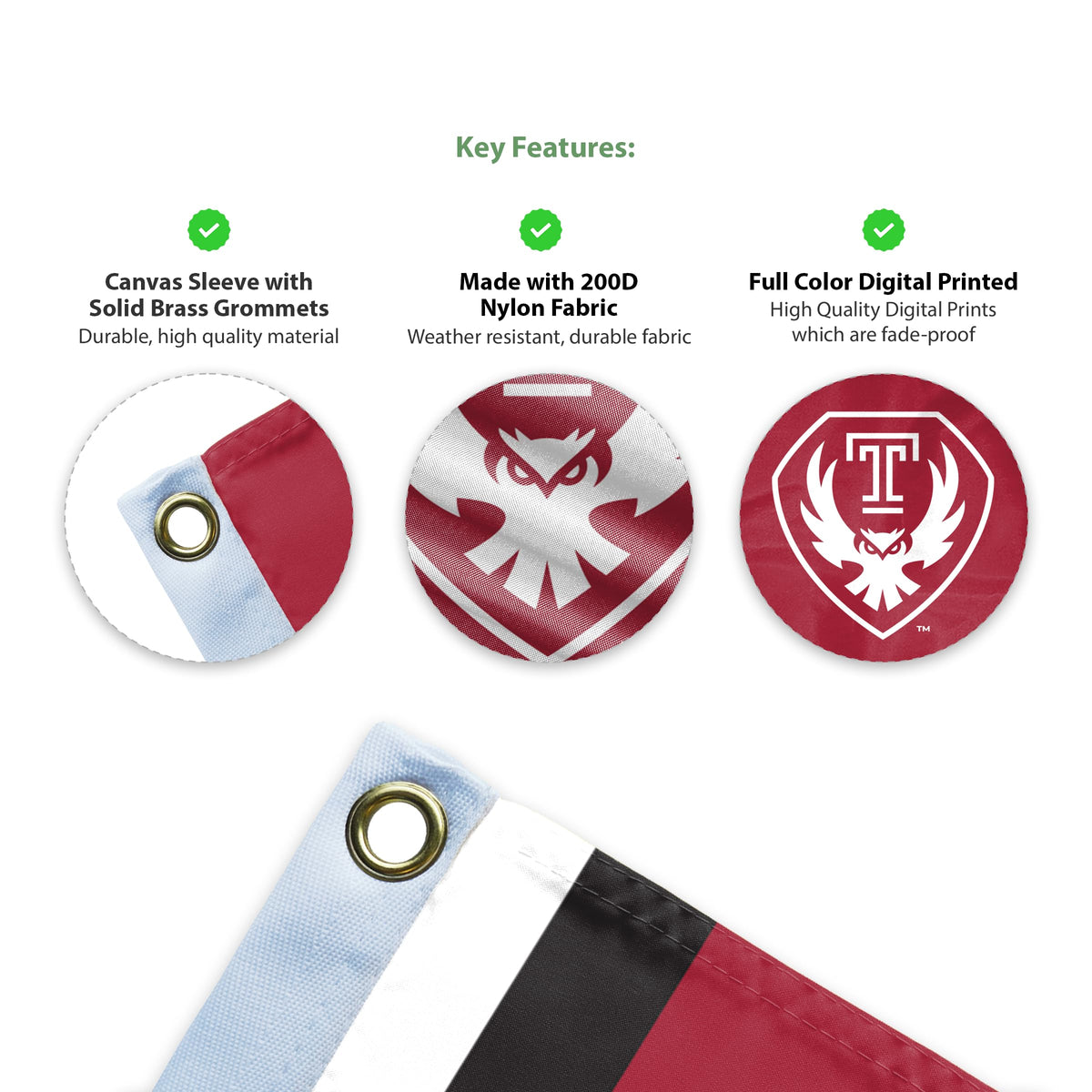 AGAS Temple Owls Logo Flag 4 x 6 ft – Single Sided Printed Nylon – Officially Licensed NCAA Product – Temple University Outdoor Flag with Brass Grommets, Canvas Header and Reinforced Corner Stitching for Indoor Outdoor Display