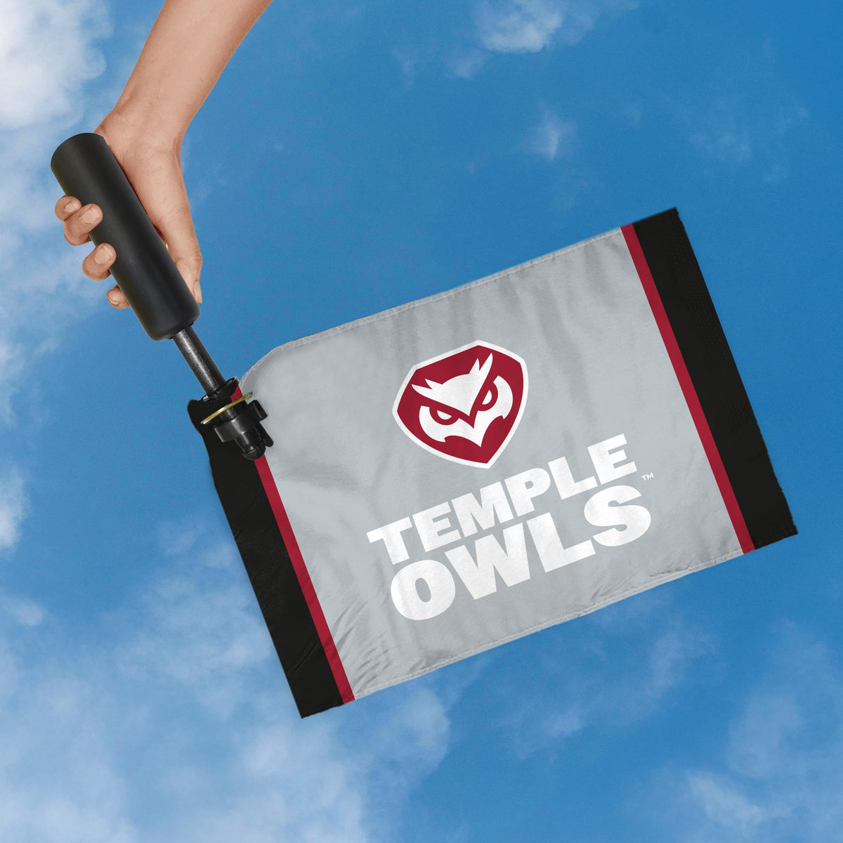 AGAS Temple Owls Text and Owl Logo Swirler Flag 12 x 18 inch – Single Sided Printed ePoly 1 Ply with Bleed Through – Officially Licensed NCAA Product – Temple Owls Swivel Flag with 1.5 inch Canvas Header, Brass Grommet and Stitched Edges