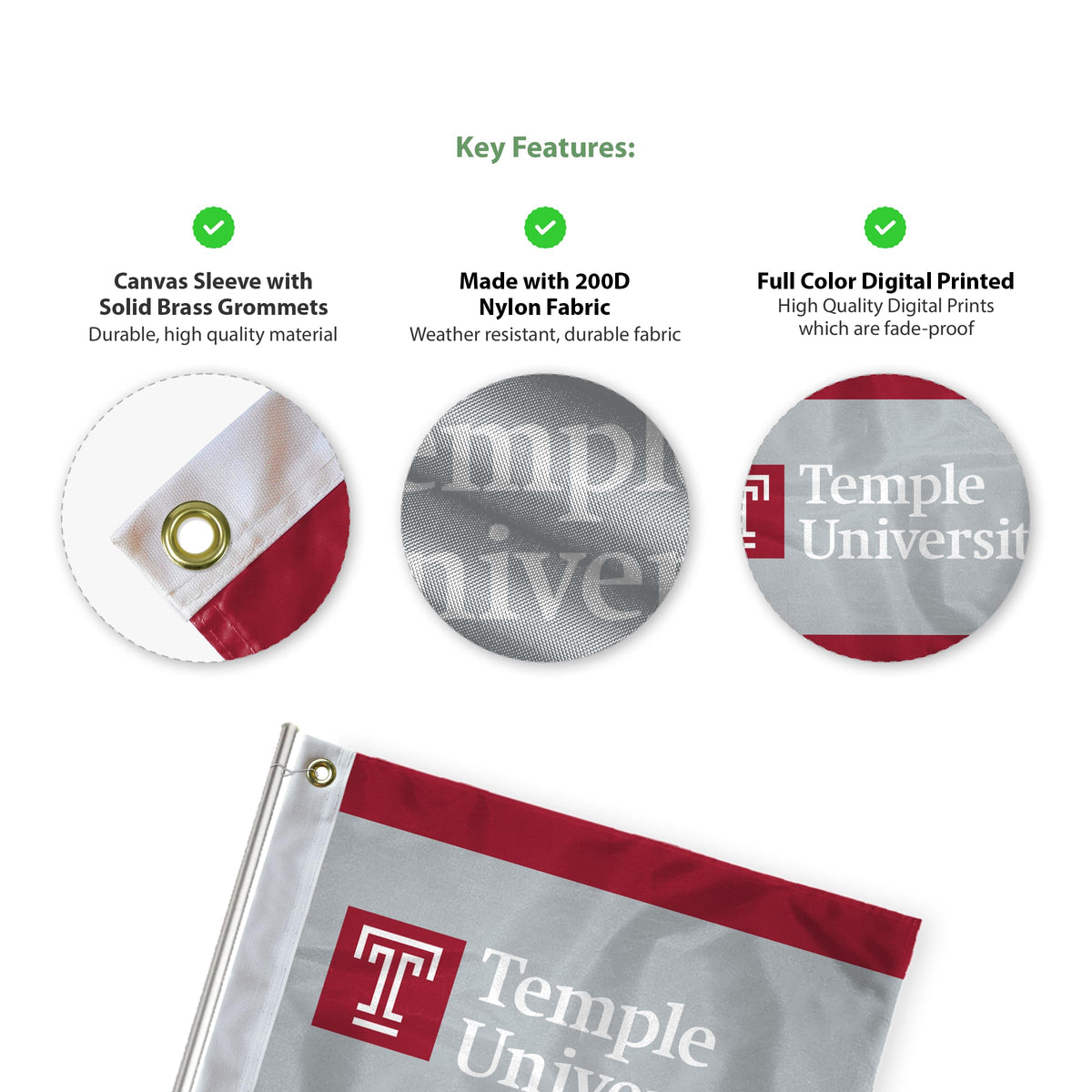 AGAS Temple University T Logo and Text Golf Flag 14 x 20 inch – Single Sided Printed Nylon – Officially Licensed NCAA Product – Temple Owls Golf Course Flag with Brass Grommets, Canvas Header and Reinforced Stitched Edges