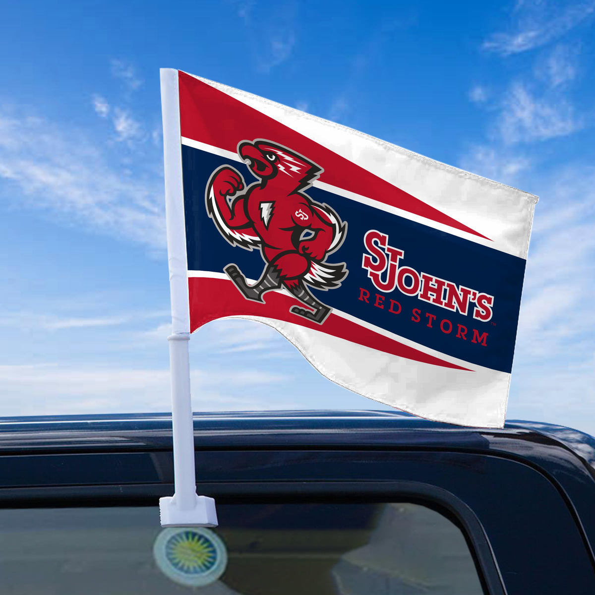 AGAS St. John’s University Economy Car Flag 12 x 16 inch – Single Sided Printed Polyester SJU Red Storm Mascot Design – Official NCAA Red Storm Car Flag – Vehicle Mount with 17 inch Flex Pole and Closed Top Sleeve