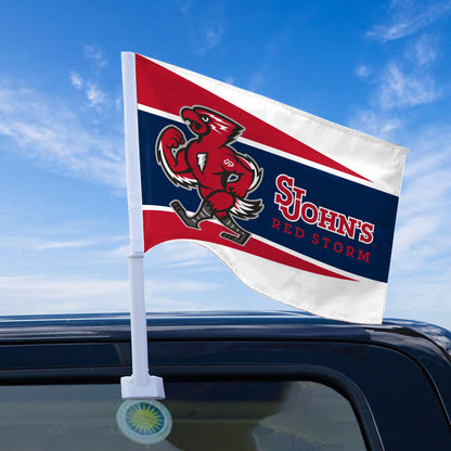 AGAS St. John's University Economy Car Flag 12 x 16 inch – Single Sided Printed Polyester SJU Red Storm Mascot Design – Official NCAA Red Storm Car Flag – Vehicle Mount with 17 inch Flex Pole and Closed Top Sleeve