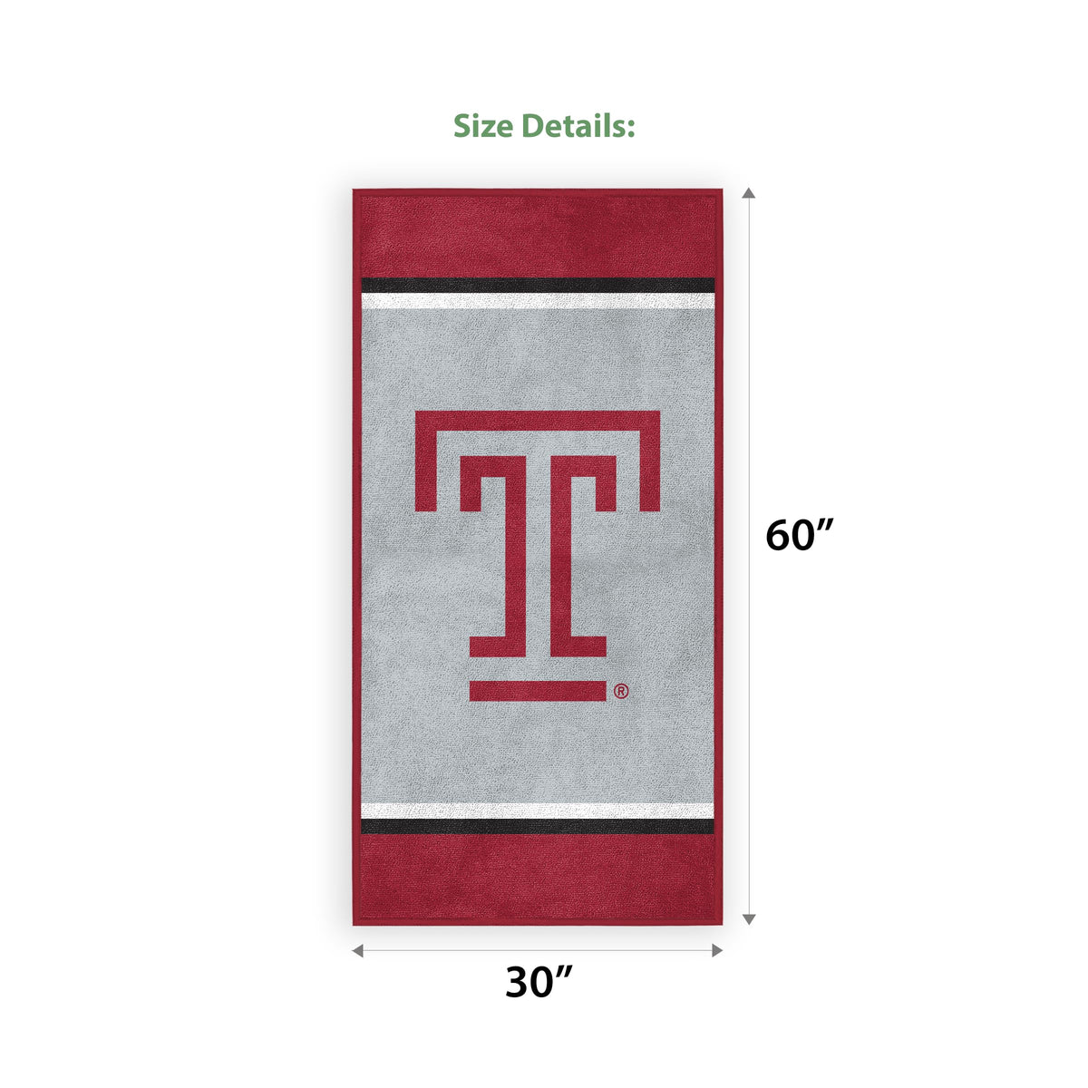 AGAS Temple University Block T Logo Beach Towel 30 x 60 inch – Single Sided Printed Microfiber 1 Ply – Officially Licensed NCAA Product – Temple Owls Large Towel with 2 Line Stitching