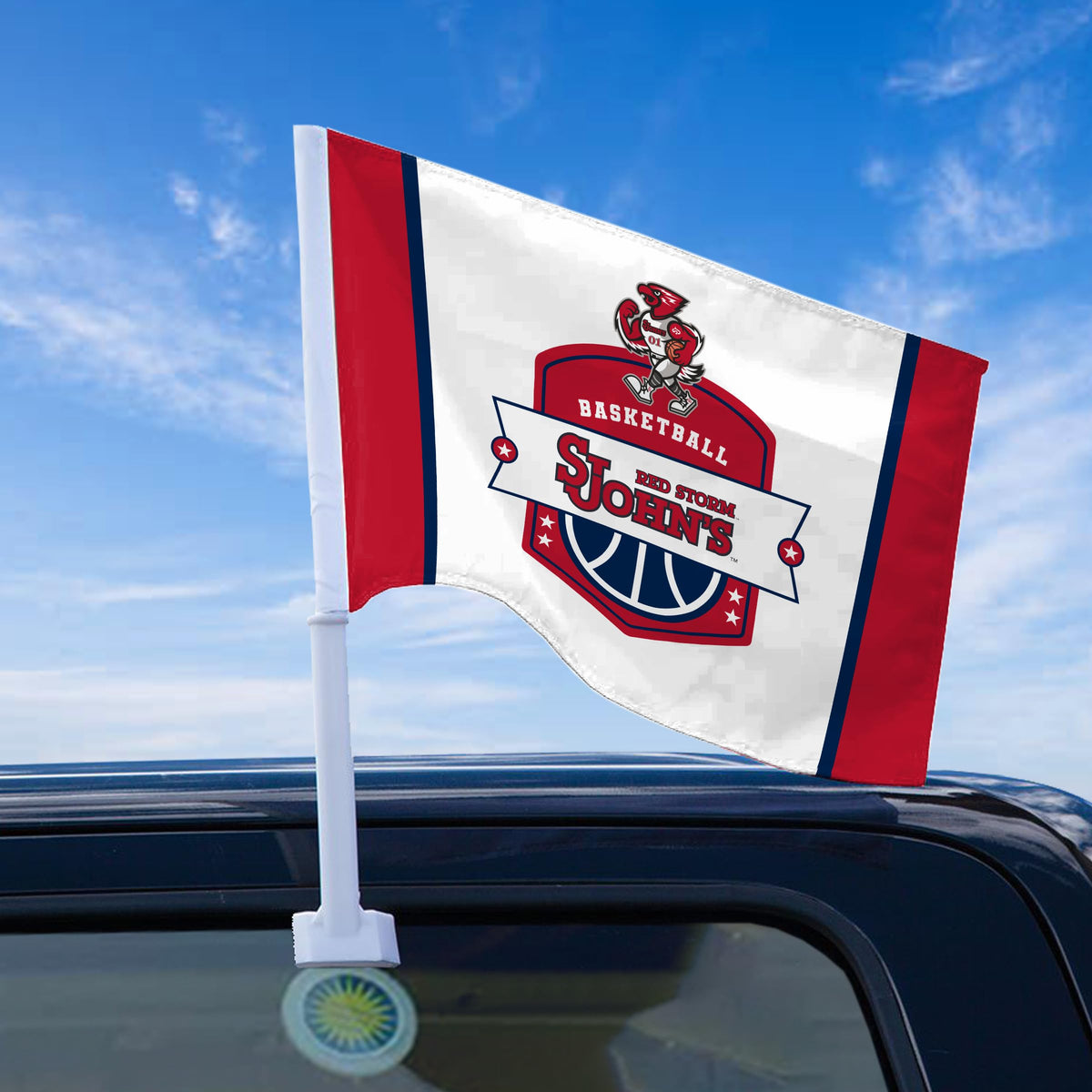 AGAS St. John's University Economy Car Flag 12 x 16 inch – Single Sided Printed Polyester Basketball Shield Design – Official NCAA Red Storm Flag – Vehicle Mount with 17 inch Flex Pole and Closed Top Sleeve