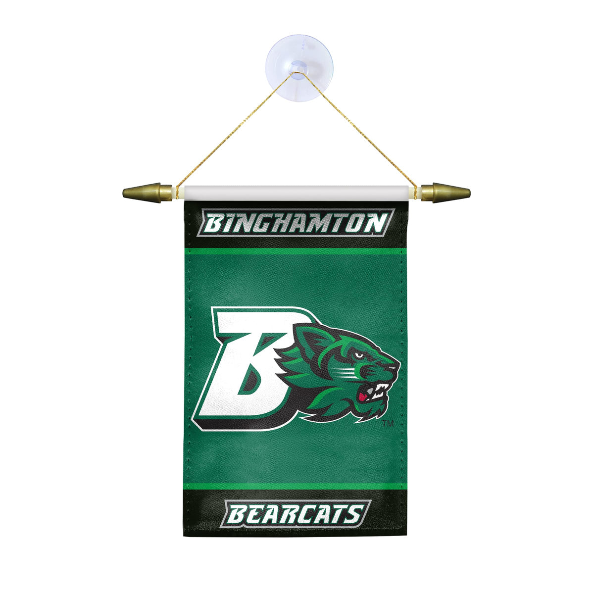 AGAS Binghamton University Mini Banner 4 x 6 inch – Single Sided Printed Satin BU Bearcats Design – Official NCAA Binghamton Bearcats Decor – Hanging Banner with Cross Bar, Cord and Suction Cup