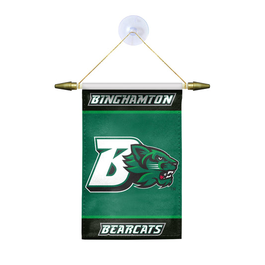 AGAS Binghamton University Mini Banner 4 x 6 inch – Single Sided Printed Satin BU Bearcats Design – Official NCAA Binghamton Bearcats Decor – Hanging Banner with Cross Bar, Cord and Suction Cup