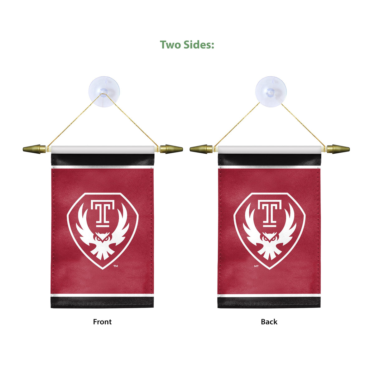 AGAS Temple Owls Shield Logo Mini Banner 4 x 6 inch – Single Sided Printed Satin – Officially Licensed NCAA Product – Temple University Hanging Banner with Cross Bar, Hanging Cord and Suction Cup