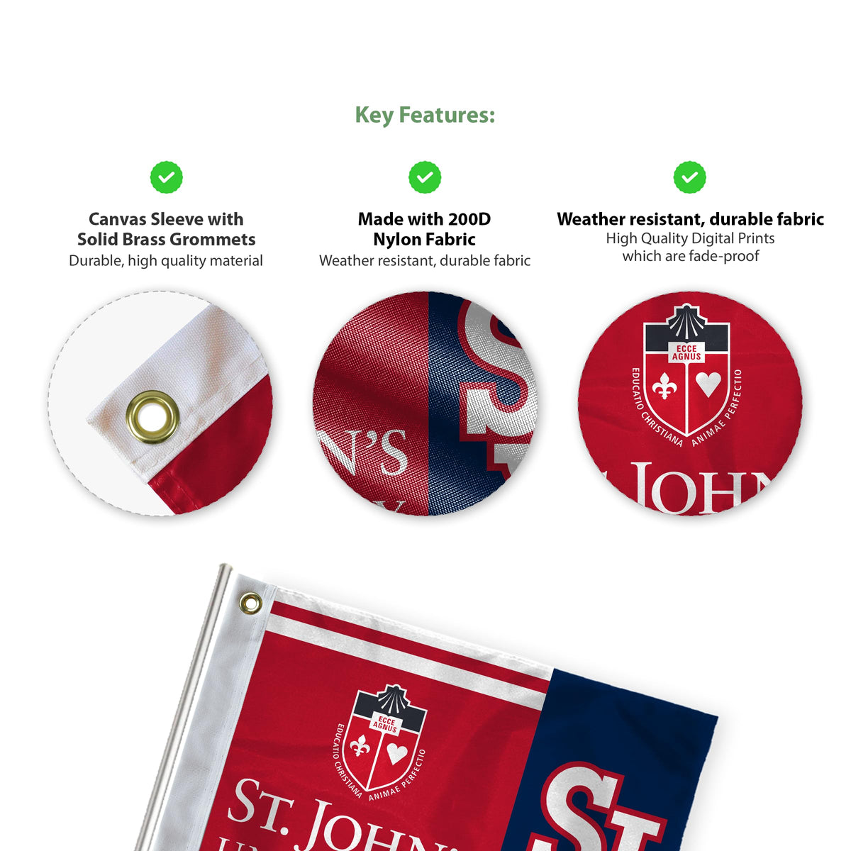 AGAS St. John's University Golf Flag 6 x 8 inch – Single Sided Printed Nylon SJU University Crest and SJ Logo Design – Official NCAA Red Storm Flag – Golf Course Display with Canvas Header and Brass Grommets