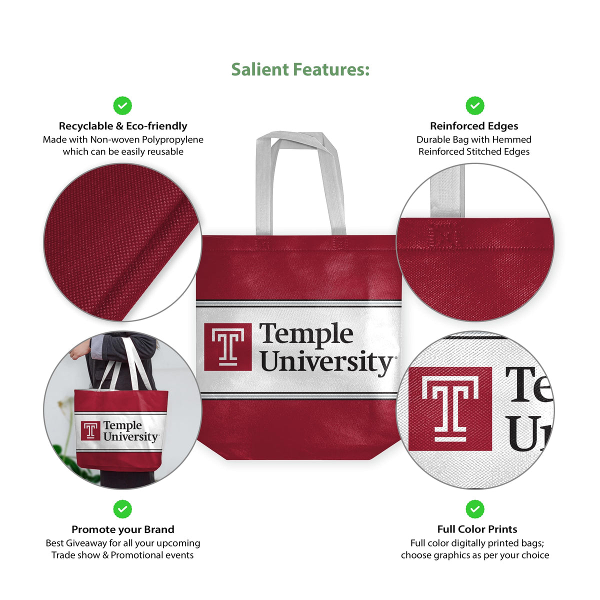 AGAS Temple University Wordmark Logo Tote Bag 14 x 14 x 8 inch – Single Sided Printed Nonwoven Fabric with Bleed Through – Officially Licensed NCAA Product – Temple University Reusable Tote