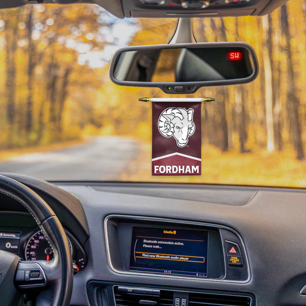 AGAS Fordham University Mini Banner 4 x 6 inch – Single Sided Printed Satin Fordham Rams Banner Ram Head and Fordham Text Design – Official NCAA Product – Fordham University Hanging Banner with Cross Bar, Hanging Cord and Suction Cup
