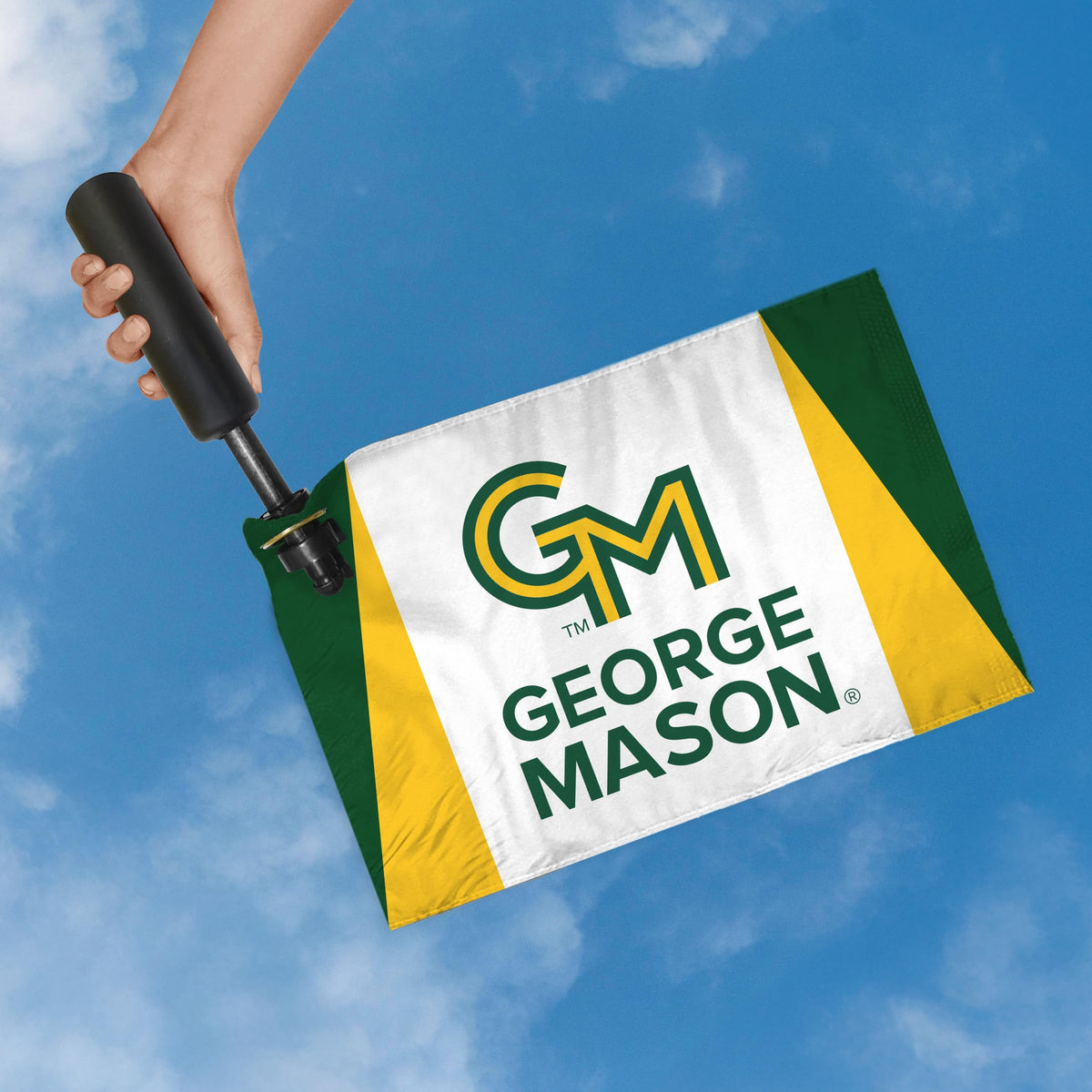 AGAS George Mason GMU Patriots Swirler Flag, George Mason Merch, Polyester, Built-in Plastic Handle Bar